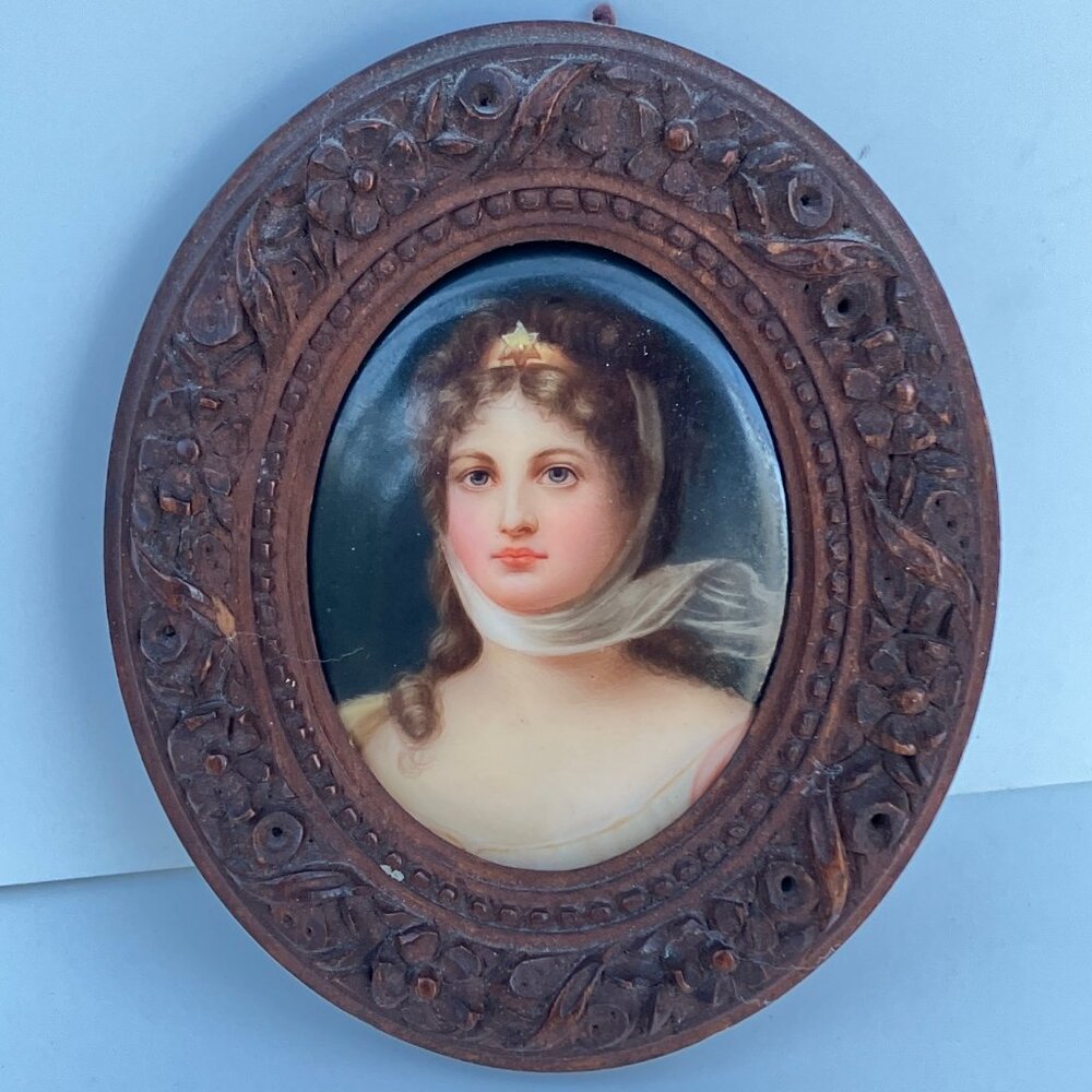 Miniature Queen Louise Portrait on Porcelain Oval in Ornate Wooden Frame